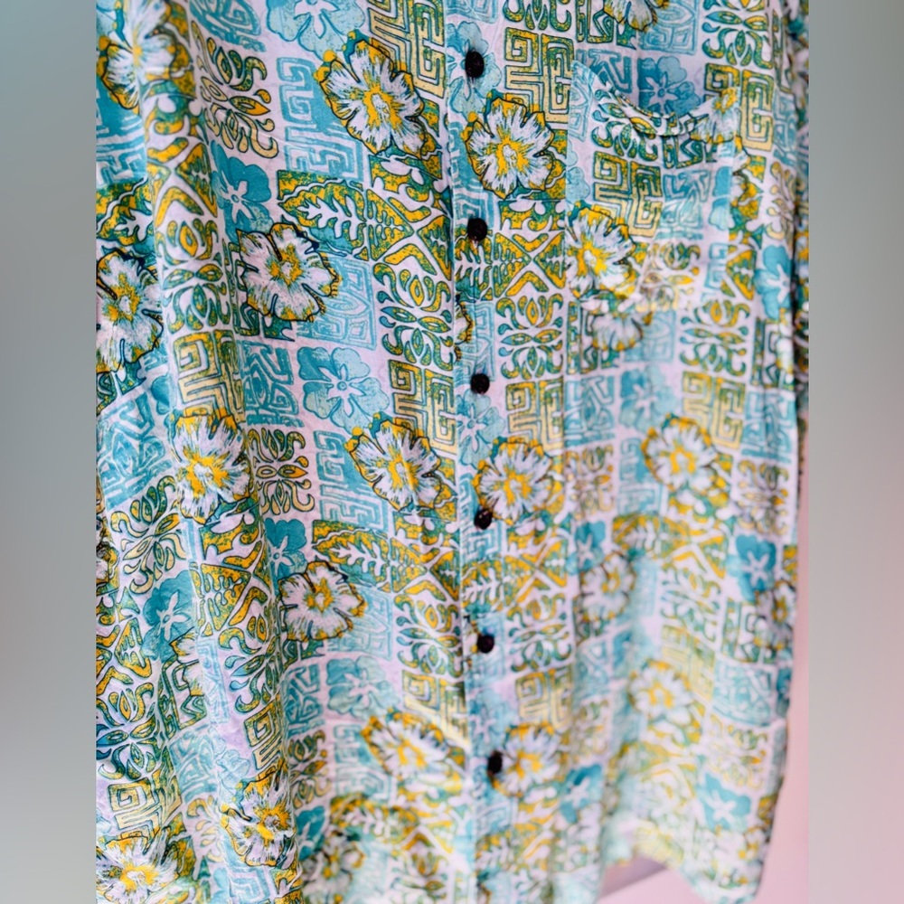 VINTAGE Island Passport Blue and Green Tropical Patterned Men's Shirt - Picture 2 of 5